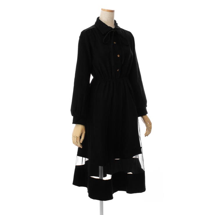 チュール切替襟付長袖ワンピース 秋冬新作 韓国ファッション[品番