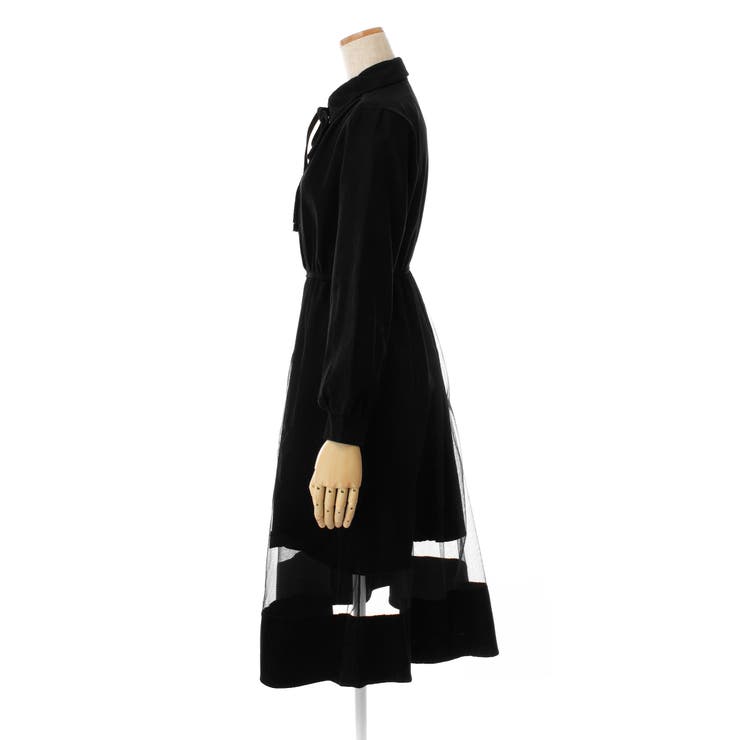 チュール切替襟付長袖ワンピース 秋冬新作 韓国ファッション[品番