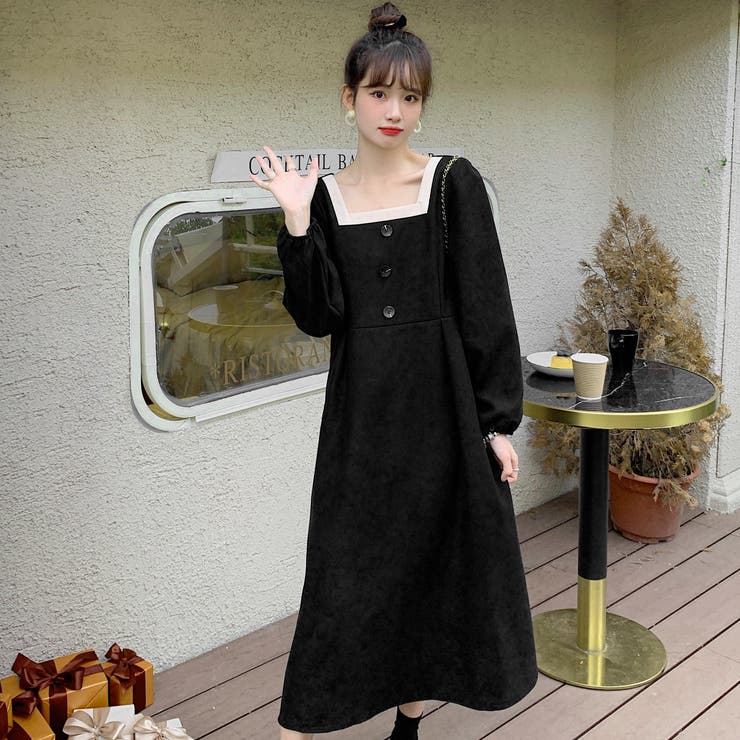 配色スクエアネック長袖ワンピース 秋冬新作 韓国ファッション[品番