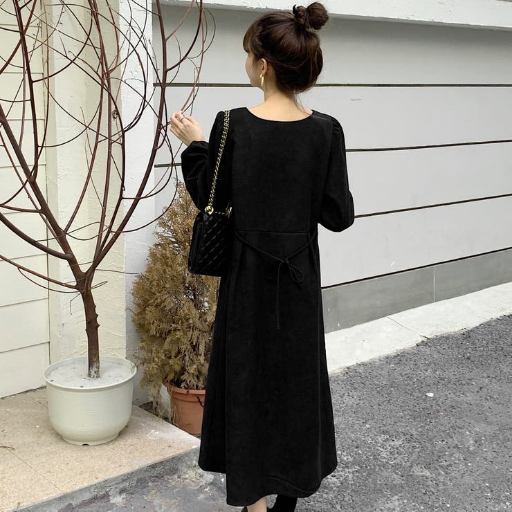 配色スクエアネック長袖ワンピース 秋冬新作 韓国ファッション[品番