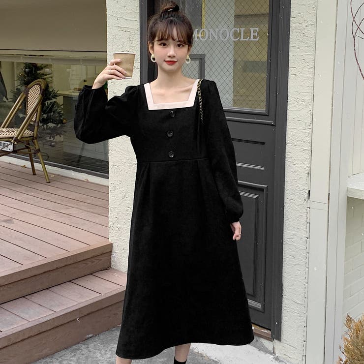 配色スクエアネック長袖ワンピース 秋冬新作 韓国ファッション[品番