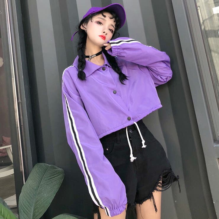 ラインパープルワイドシルエットショート丈長袖シャカシャカブルゾン原宿系ファッションレディースゆめかわいい服奇抜派手個性的ダンス衣装コスチュームヒップホップ韓国大きいサイズ【お取り寄せ注文可能】