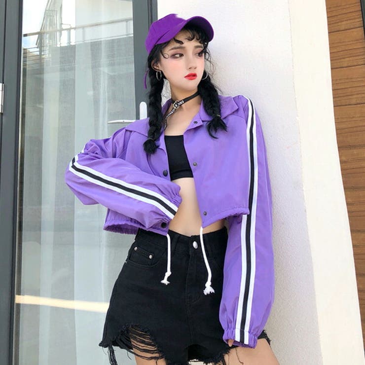 ラインパープルワイドシルエットショート丈長袖シャカシャカブルゾン原宿系ファッションレディースゆめかわいい服奇抜派手個性的ダンス衣装コスチュームヒップホップ韓国大きいサイズ【お取り寄せ注文可能】