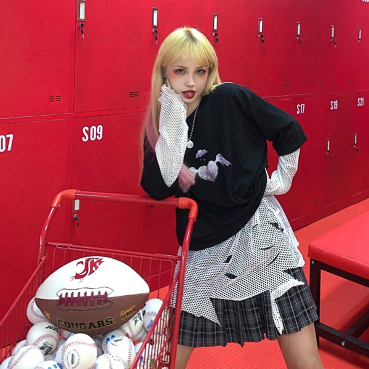 メッシュトップス ダメージ加工 長袖[品番：DCTW0003577