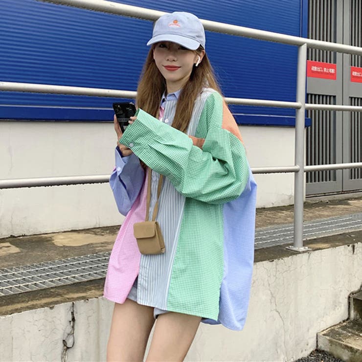 柄シャツ パッチワークシャツ 長袖[品番：DCTW0003499