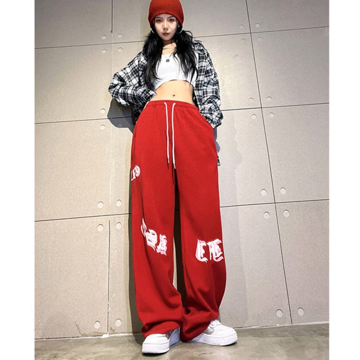 ワイドパンツ ロゴプリント レッド[品番：DCTW0004031]｜Decorative