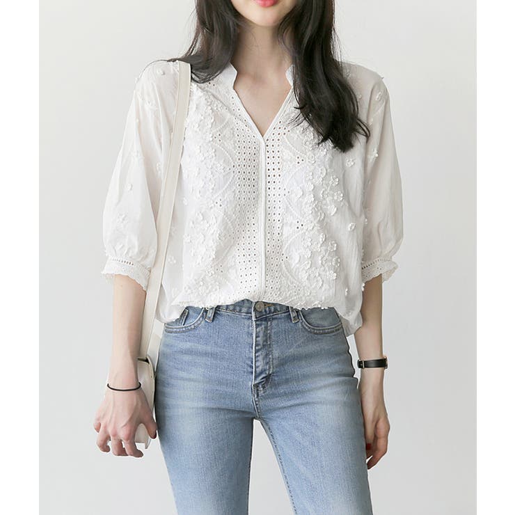 45R ◆ インディゴ カットワーク フラワーレース コットンブラウス サイズ3 45Rインドカディのカットワークブラウス（藍）: WOMEN｜45R