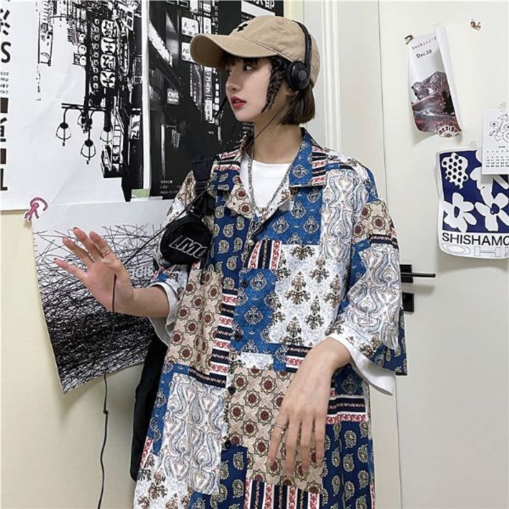柄シャツ パッチワーク風 ビッグシルエット[品番：DCTW0003237