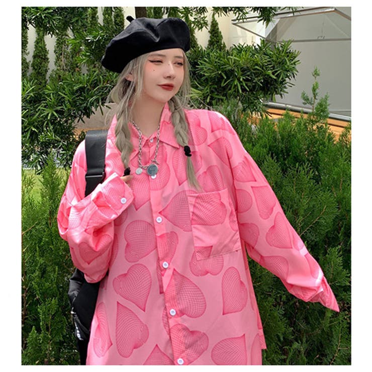 柄シャツ ハート柄 ビッグシルエット[品番：DCTW0003670]｜Decorative
