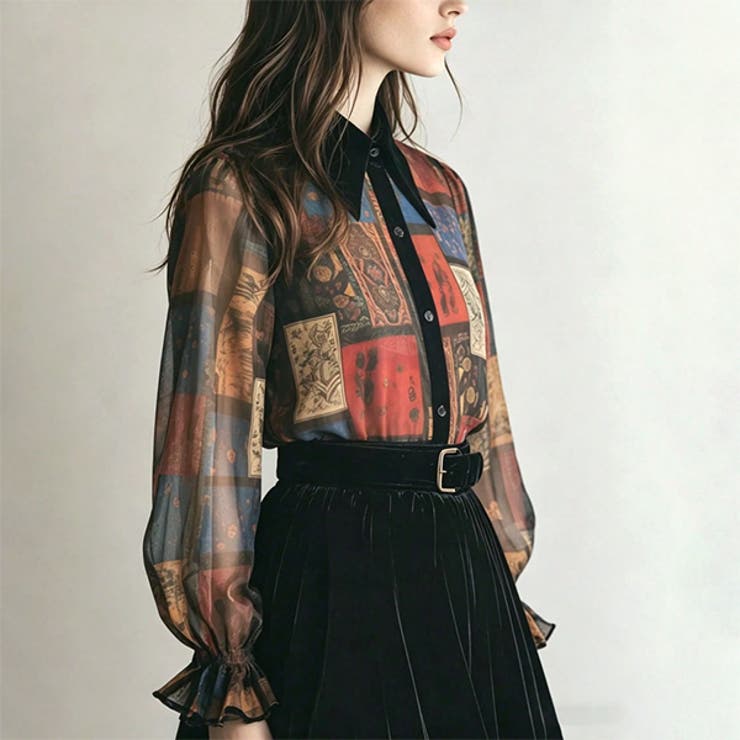 柄シャツ 柄ブラウス パッチワーク風 | Decorative  | 詳細画像2 