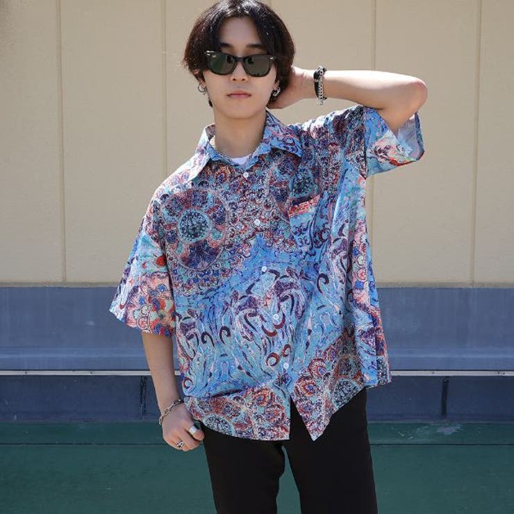 柄シャツ 曼荼羅模様 ブルー[品番：DCTW0003090]｜Decorative