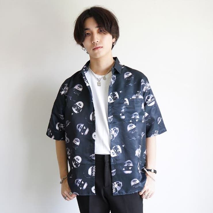 柄シャツ アイマスクフェイス 半袖サテンシャツ[品番