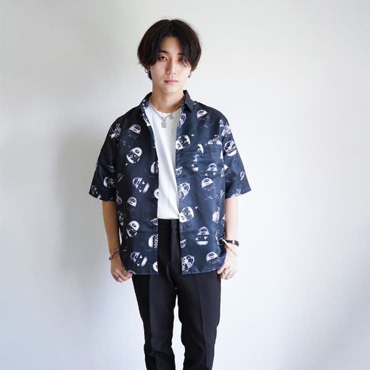 柄シャツ アイマスクフェイス 半袖サテンシャツ[品番