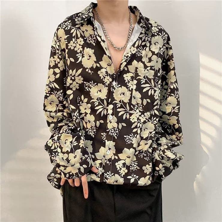 柄シャツ フラワー柄 ブラック×ベージュ | Decorative  | 詳細画像5 