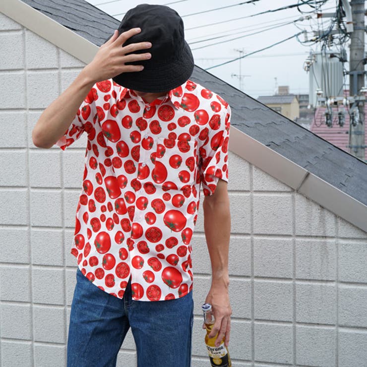 柄シャツ トマト柄 半袖シャツ