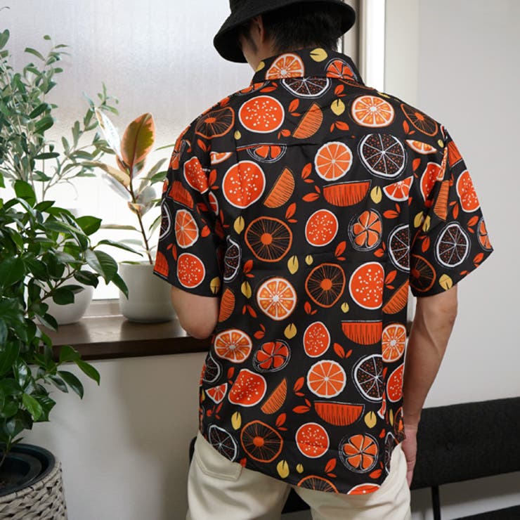 柄シャツ オレンジ柄 半袖シャツ[品番：DCTW0004129