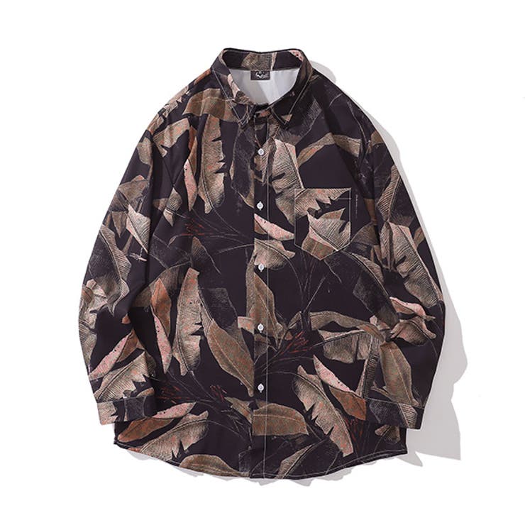 葉っぱ模様の長袖シャツ ベージュ 柄シャツ 葉っぱ柄 リーフ[品番：DCTW0004502]｜Decorative