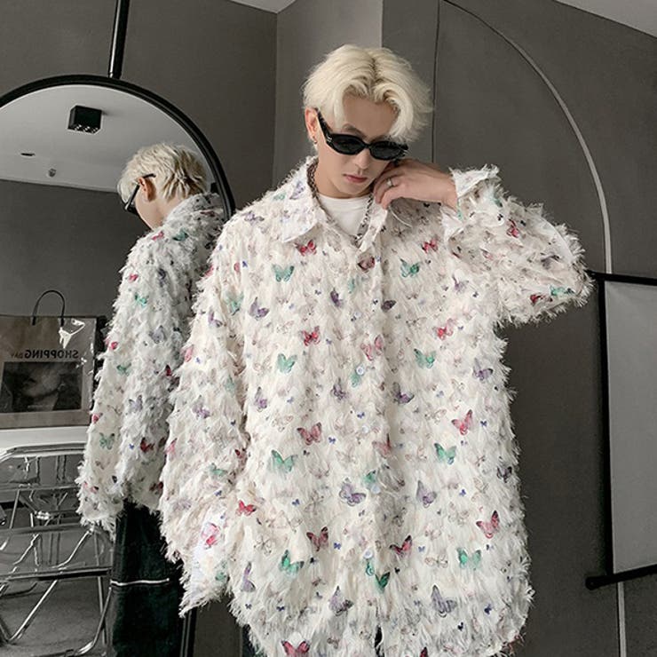 【人気商品❗️】蝶柄シースルー　オーバーサイズシャツ　ゆったり　可愛い　蝶々 柄シャツ 蝶 ちょうちょ[品番：DCTW0004515]｜Decorative