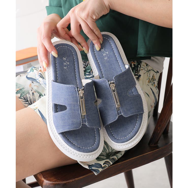 デニム | 【25年春夏新作】軽量厚底 フロントジップ スライドサンダル | DEMETER