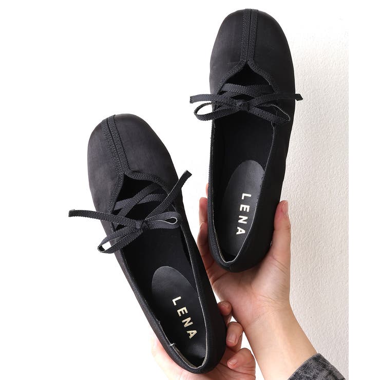 ブラック | 【25年秋冬新作】レースアップリボン フラット バレエパンプス | DEMETER