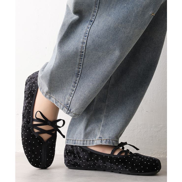 ブラックドットベロア | 【25年秋冬新作】レースアップリボン フラット バレエパンプス | DEMETER