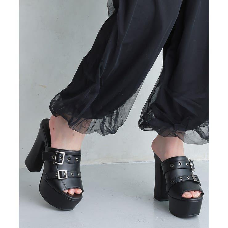 ブラック | 【26年春夏新作】厚底太ヒール オープントゥ バックルダブルベルト | DEMETER
