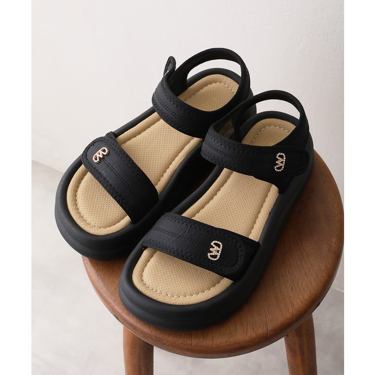 ブラック | 【26年春夏新作】厚底 ダブルソール ビジュー ベルクロ スポーツサンダル | DEMETER