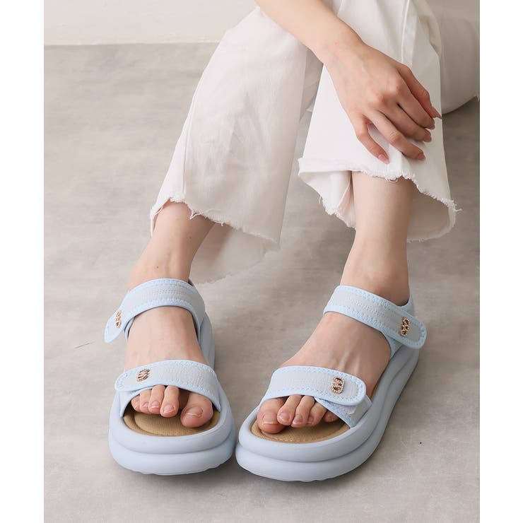 ライトブルー | 【26年春夏新作】厚底 ダブルソール ビジュー ベルクロ スポーツサンダル | DEMETER