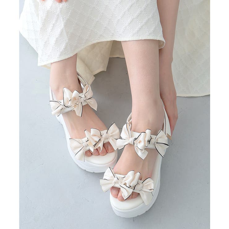 アイボリー | 【26年春夏新作】厚底 リボンデザイン ベルクロ スポーツサンダル | DEMETER