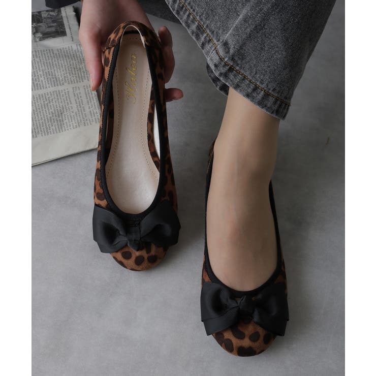レオパード | 【定番】超軽量☆ぺたんこ リボン バレエパンプス | DEMETER