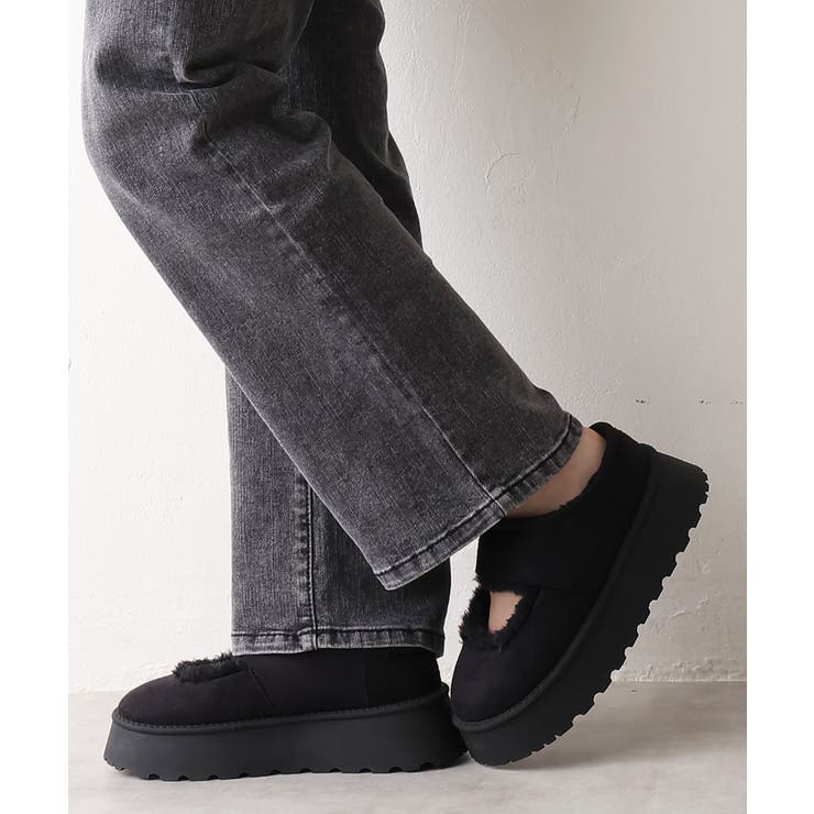 ブラック | 【25年秋冬新作】厚底 ボリュームファー ムートンシューズ | DEMETER