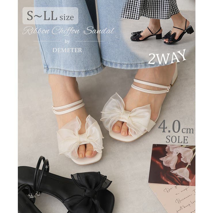 【25年春夏新作】2WAY スクエアトゥ シフォンリボン ストラップサンダル | DEMETER | 詳細画像1 