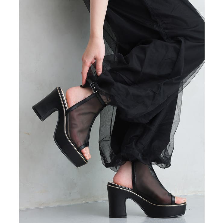 ブラック | 【26年春夏新作】厚底 プラットフォーム アンクルストラップ チュールサンダル | DEMETER