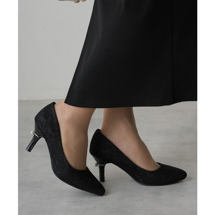 ブラック | 【25年春夏再販】グリッター×レース素材☆パールヒール オケージョンパンプス | DEMETER