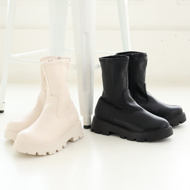 厚底ソール☆インヒール ストレッチ ミドルブーツ[品番：DEMS0000809