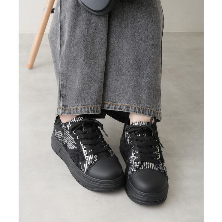 ブラック | 【25年春夏新作】厚底 スパンコール ローカット スニーカー | DEMETER