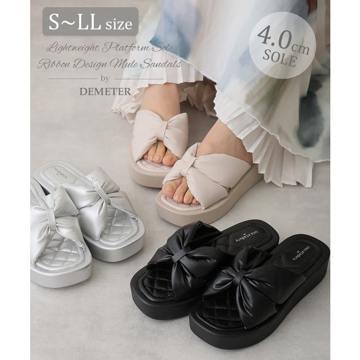 【25年春夏新作】厚底 スクエアトゥ リボンデザイン パテッドサンダル | DEMETER | 詳細画像1 