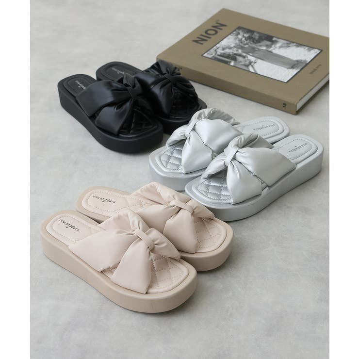 【25年春夏新作】厚底 スクエアトゥ リボンデザイン パテッドサンダル | DEMETER | 詳細画像2 