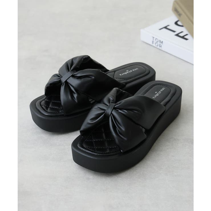 【25年春夏新作】厚底 スクエアトゥ リボンデザイン パテッドサンダル | DEMETER | 詳細画像3 