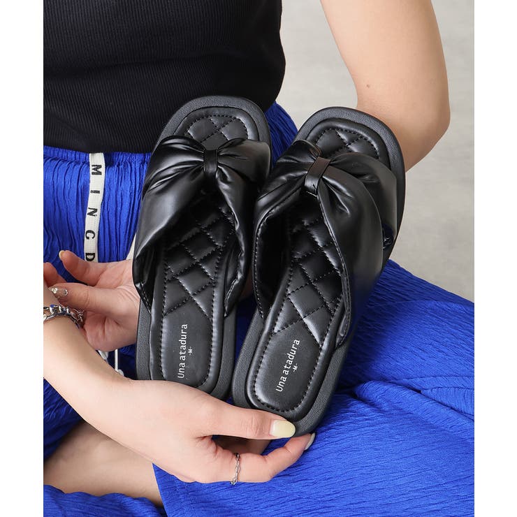 【25年春夏新作】厚底 スクエアトゥ リボンデザイン パテッドサンダル | DEMETER | 詳細画像4 