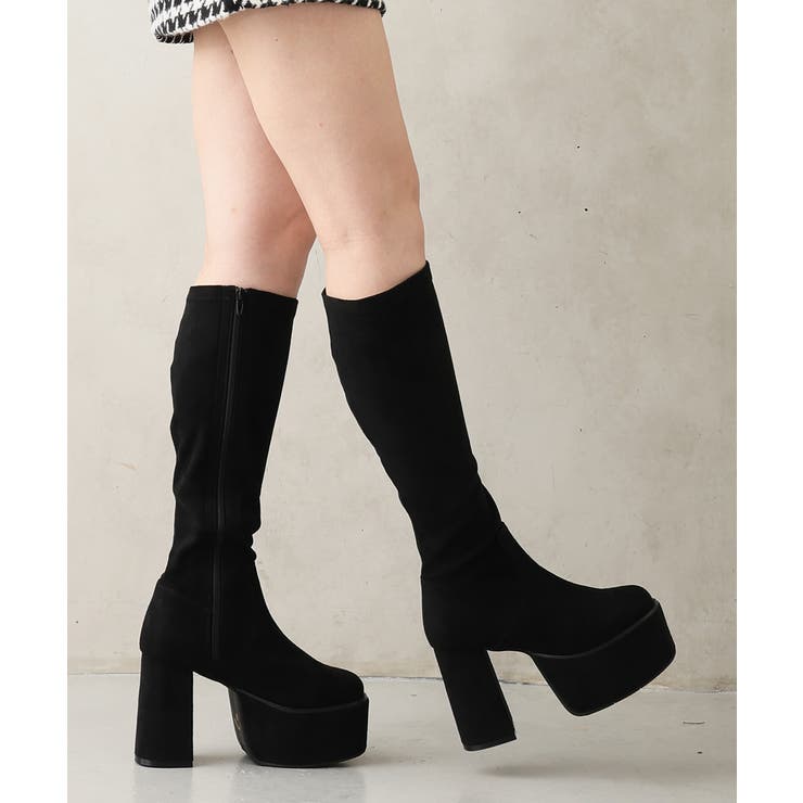 ブラックスエード | 【25年秋冬再販】厚底 太ヒール スクエアトゥ ストレッチ ロングブーツ | DEMETER