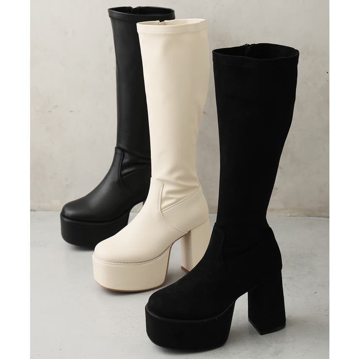 【25年秋冬再販】厚底 太ヒール スクエアトゥ ストレッチ ロングブーツ | DEMETER | 詳細画像3 