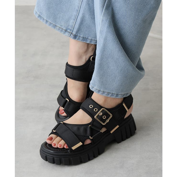 ブラック | 【25年春夏新作】厚底 トラックソール ベルクロ スポーツサンダル | DEMETER