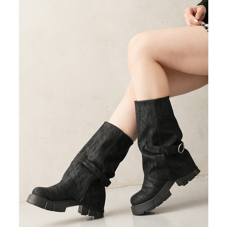 ブラック | 【25年秋冬新作】厚底 ボリュームソール ミドル カバーブーツ | DEMETER