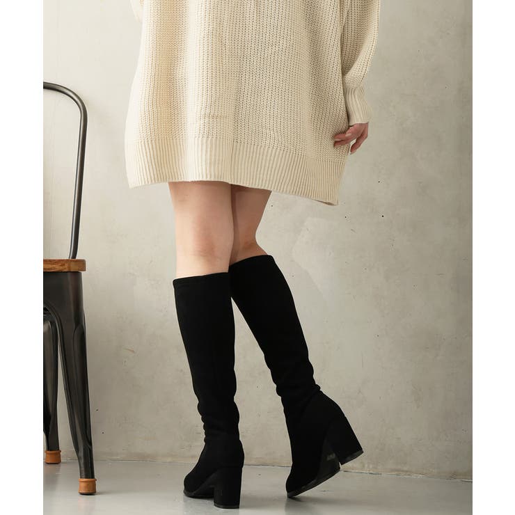 25年秋冬新作】チャンキーヒール プレーン ストレッチロングブーツ