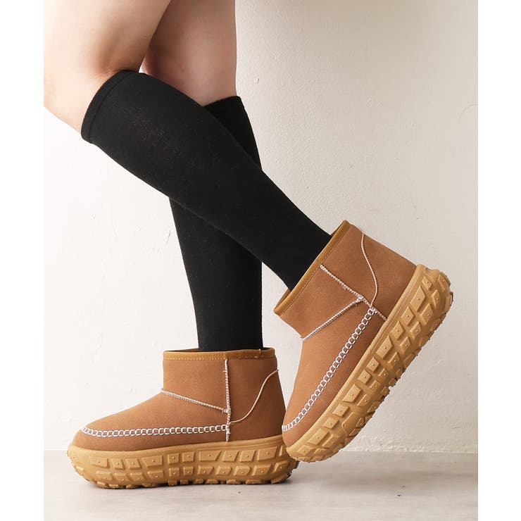 キャメル | 【25年秋冬新作】厚底 凹凸ソール ボリュームファー ショート ムートンブーツ | DEMETER