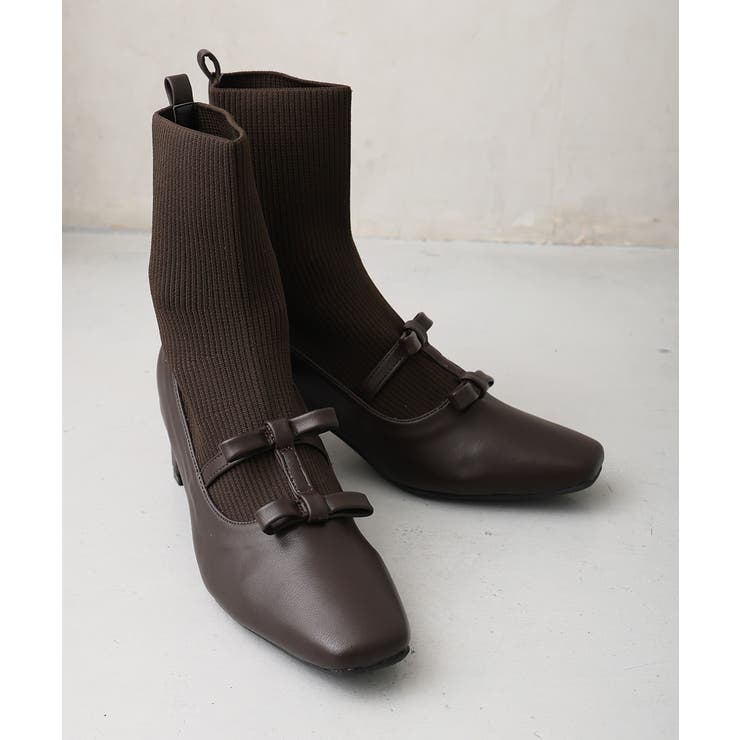 【25年秋冬新作】スクエアトゥ リボン ニットドッキング ショートブーツ | DEMETER | 詳細画像13 