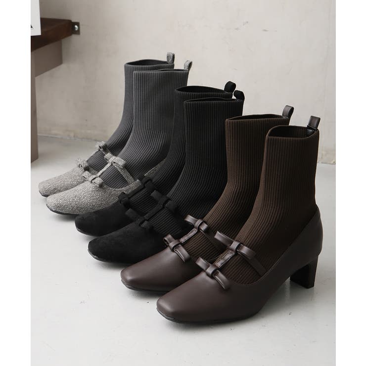 【25年秋冬新作】スクエアトゥ リボン ニットドッキング ショートブーツ | DEMETER | 詳細画像2 