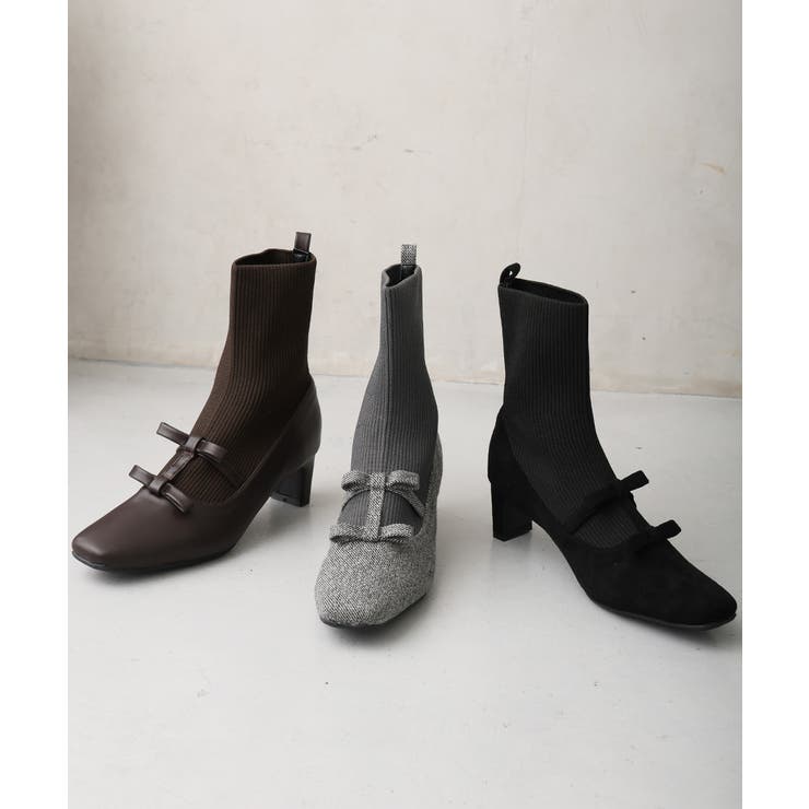 【25年秋冬新作】スクエアトゥ リボン ニットドッキング ショートブーツ | DEMETER | 詳細画像3 