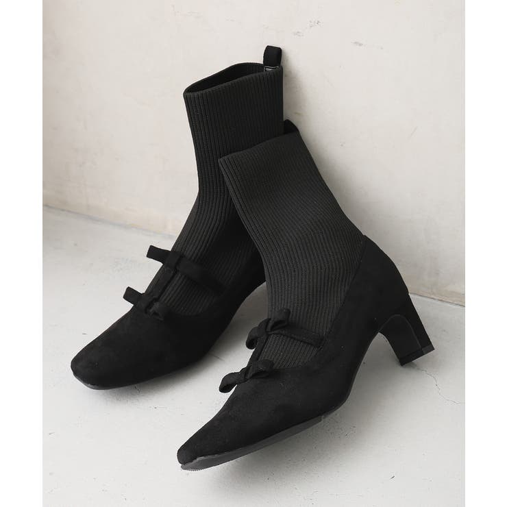 【25年秋冬新作】スクエアトゥ リボン ニットドッキング ショートブーツ | DEMETER | 詳細画像4 